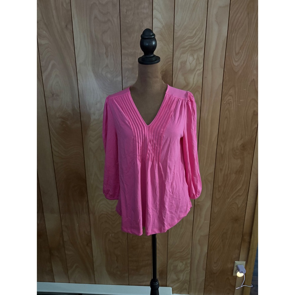 Lands End Womens Pink Pintuck V-Neck 3/4 Sleeve Knit Blouse Top XS 2-4